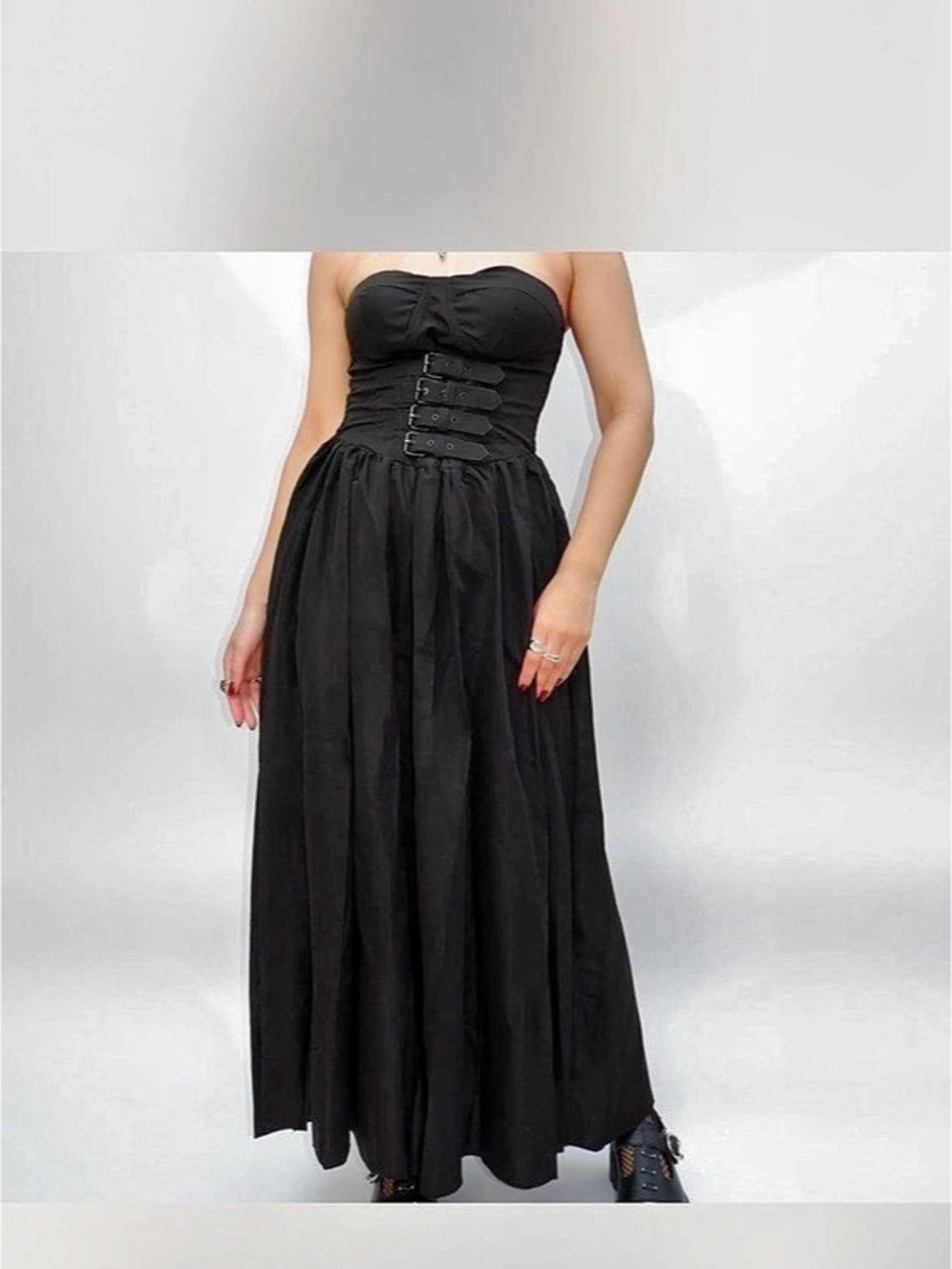Honey & Sulphur Black Strapless Corset Buckle Maxi Dress Goth M